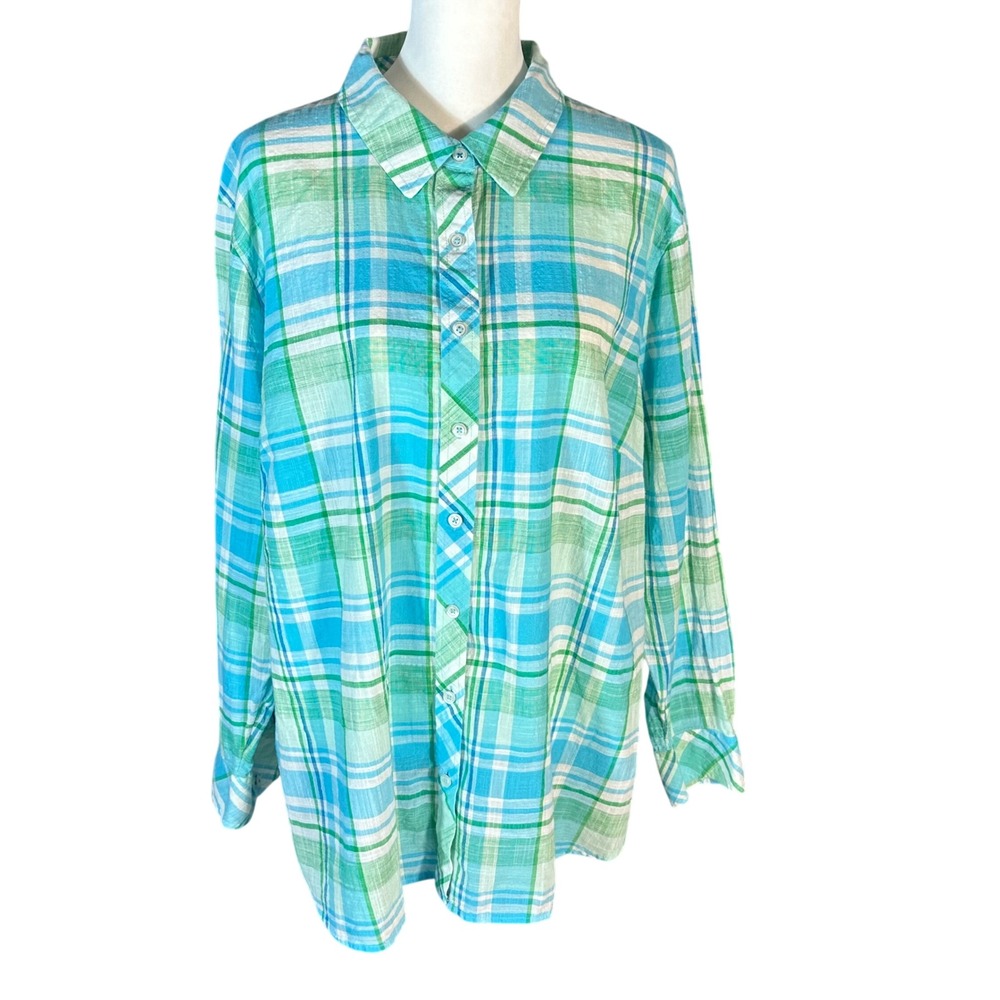 Talbots Button Up Shirt Women 3X Blue Green Plaid Cotton Long Sleeve Top